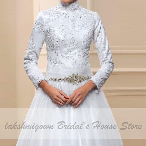 Baoleely White Muslim High Neck Wedding Dress Satin Long Sleeve