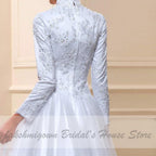 Baoleely White Muslim High Neck Wedding Dress Satin Long Sleeve