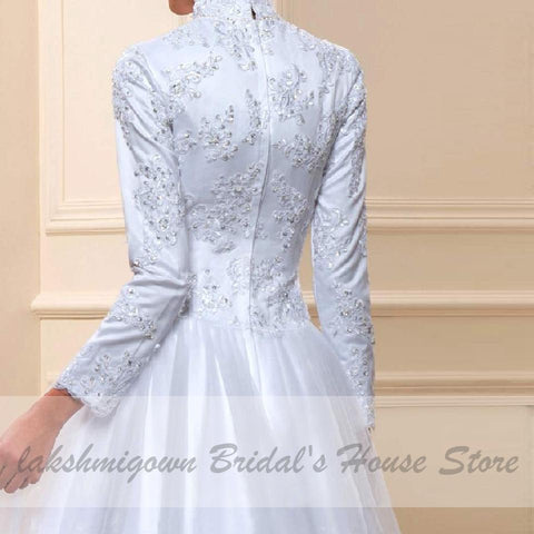 Baoleely White Muslim High Neck Wedding Dress Satin Long Sleeve