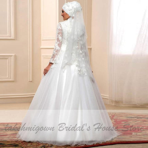 Baoleely White Muslim Wedding Dress with Long Sleeves