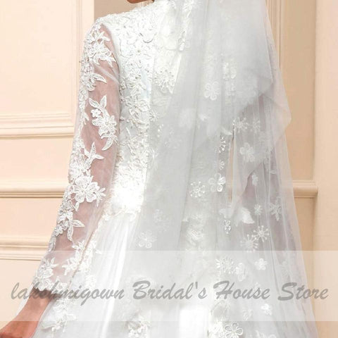 Baoleely White Muslim Wedding Dress with Long Sleeves