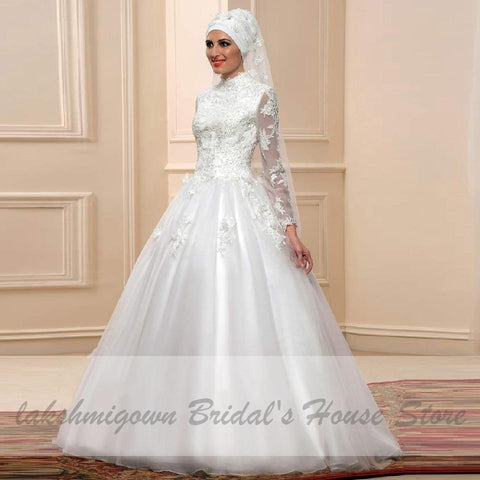 Baoleely White Muslim Wedding Dress with Long Sleeves