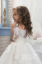 Vestido de niña de las flores blanco de gala con hombros descubiertos y mangas tres cuartos