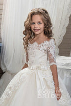 Vestido de niña de las flores blanco de gala con hombros descubiertos y mangas tres cuartos