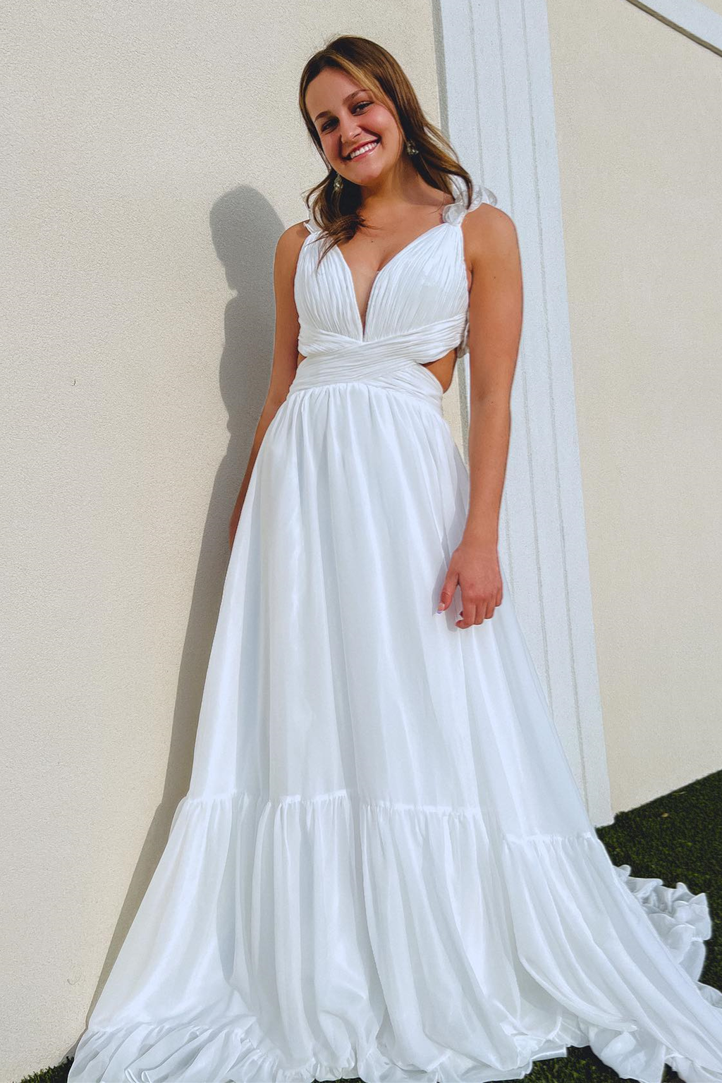 Ruffle Straps Pleated Cut-Out Deep V Long Prom Dress