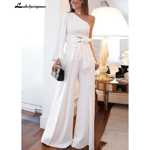 Baoleely White Satin Jumpsuits Wedding Dresses Long Sleeves