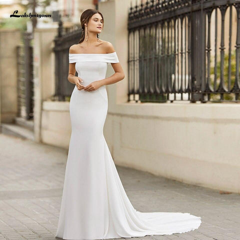 Vestido de novia sirena de satén blanco Baoleely con hombros descubiertos
