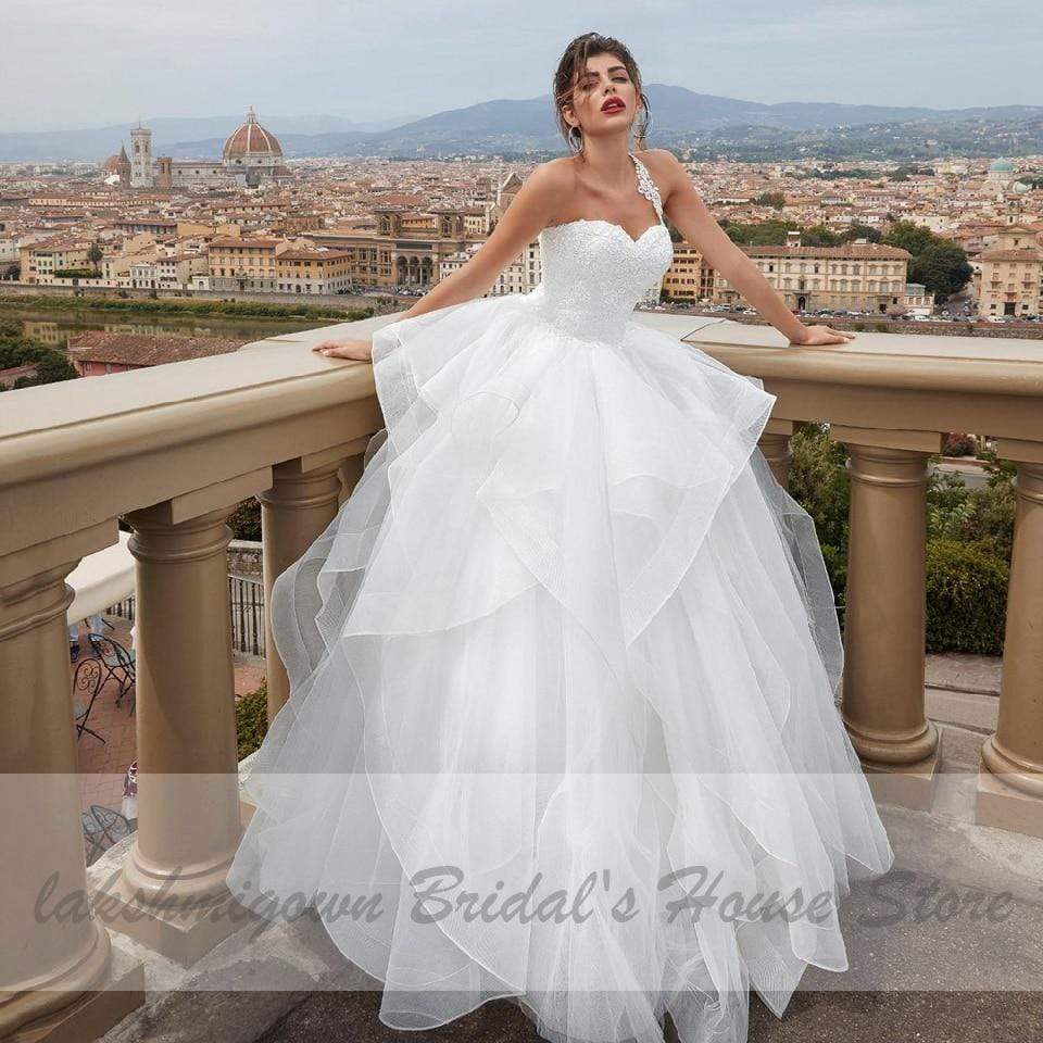 Baoleely White Tulle Bridal Gown Wedding Dress Lace Up Back Vintage Plus Size Wedding Gowns Floor Length