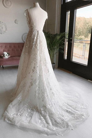 Vestido de novia largo con estampado floral, escote en V, espalda descubierta y tul blanco WD456
