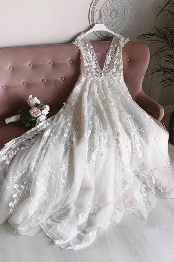 Vestido de novia largo con estampado floral, escote en V, espalda descubierta y tul blanco WD456