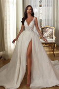 Robe de mariée blanche fendue à sequins, sans manches, col en V et traîne