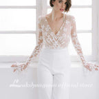 Baoleely White Wedding Jumpsuit Beach Wedding Dresses V Neck Long Sleeve