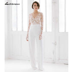 Baoleely White Wedding Jumpsuit Beach Wedding Dresses V Neck Long Sleeve