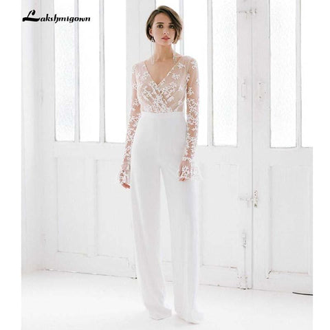 Baoleely White Wedding Jumpsuit Beach Wedding Dresses V Neck Long Sleeve