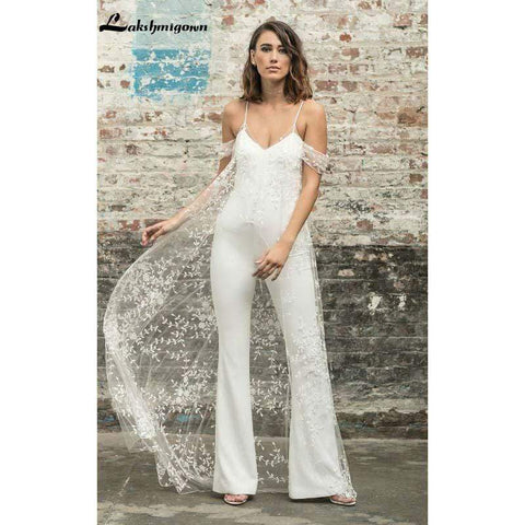 Baoleely White Wedding Jumpsuit Beach Wedding Dresses With Cape