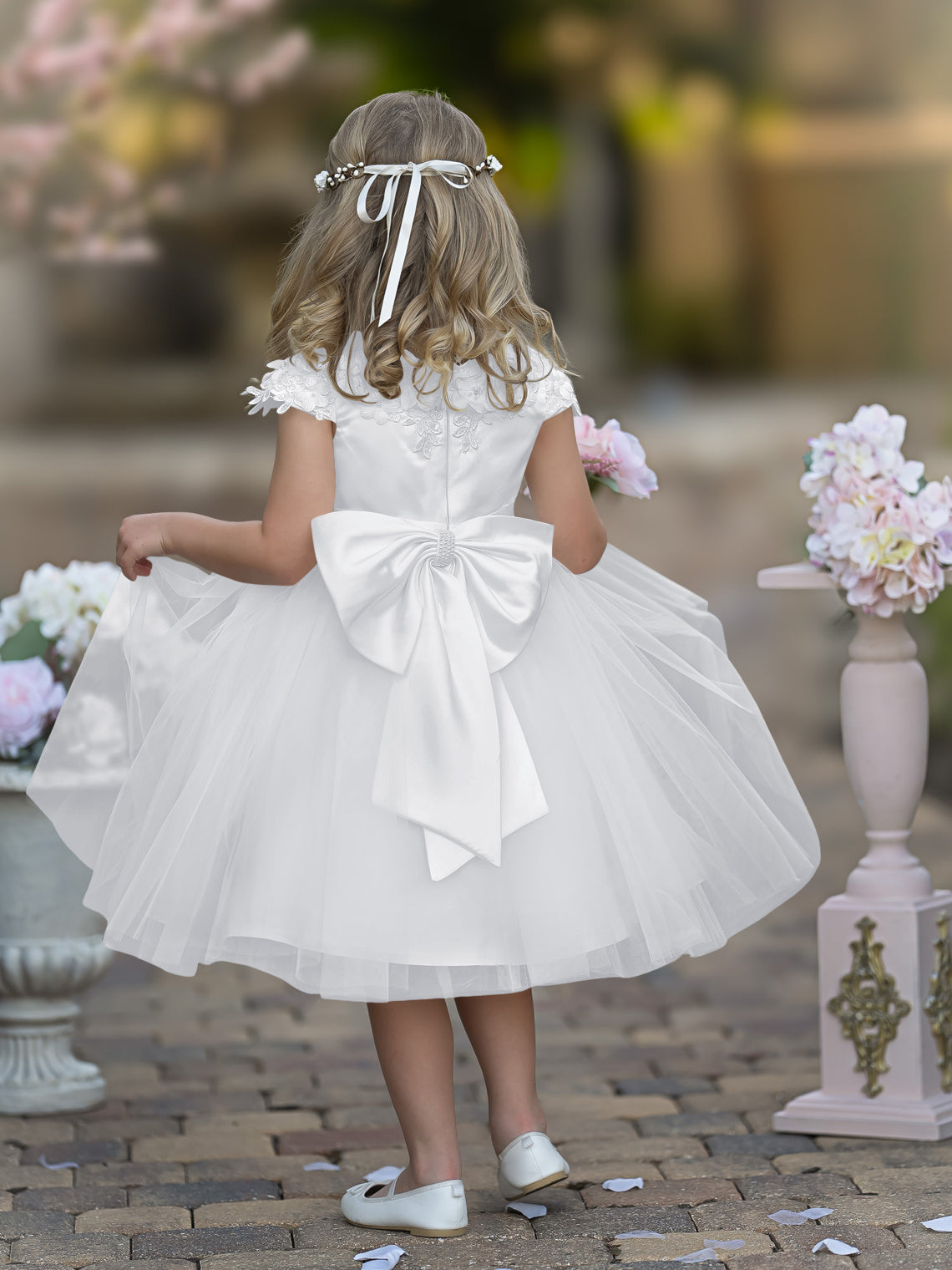 Vestido de niña de las flores de la Primera Comunión, color marfil, de tul satinado hasta la rodilla 