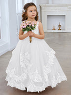 Vestido de princesa sin mangas de tul con apliques de encaje y cola corta para niñas 