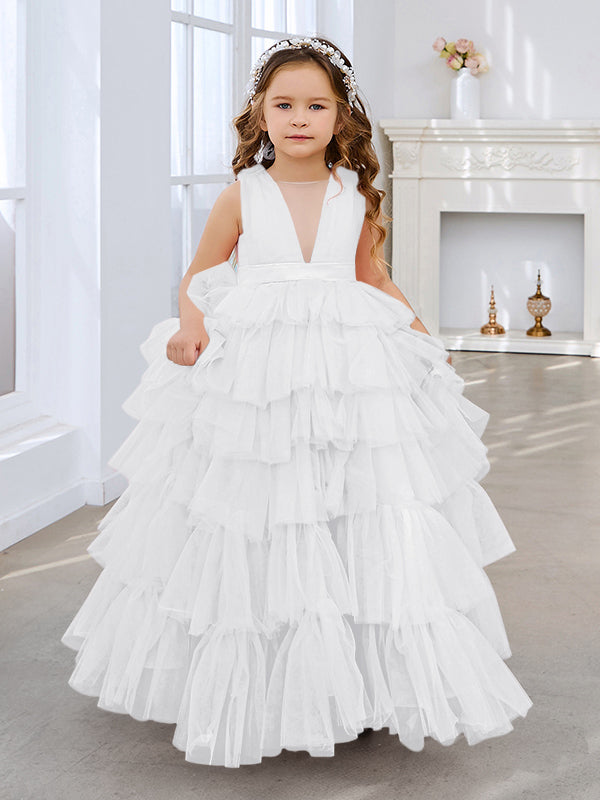 Vestido de princesa rosa perla sin mangas para niña de las flores con lazo de tul 