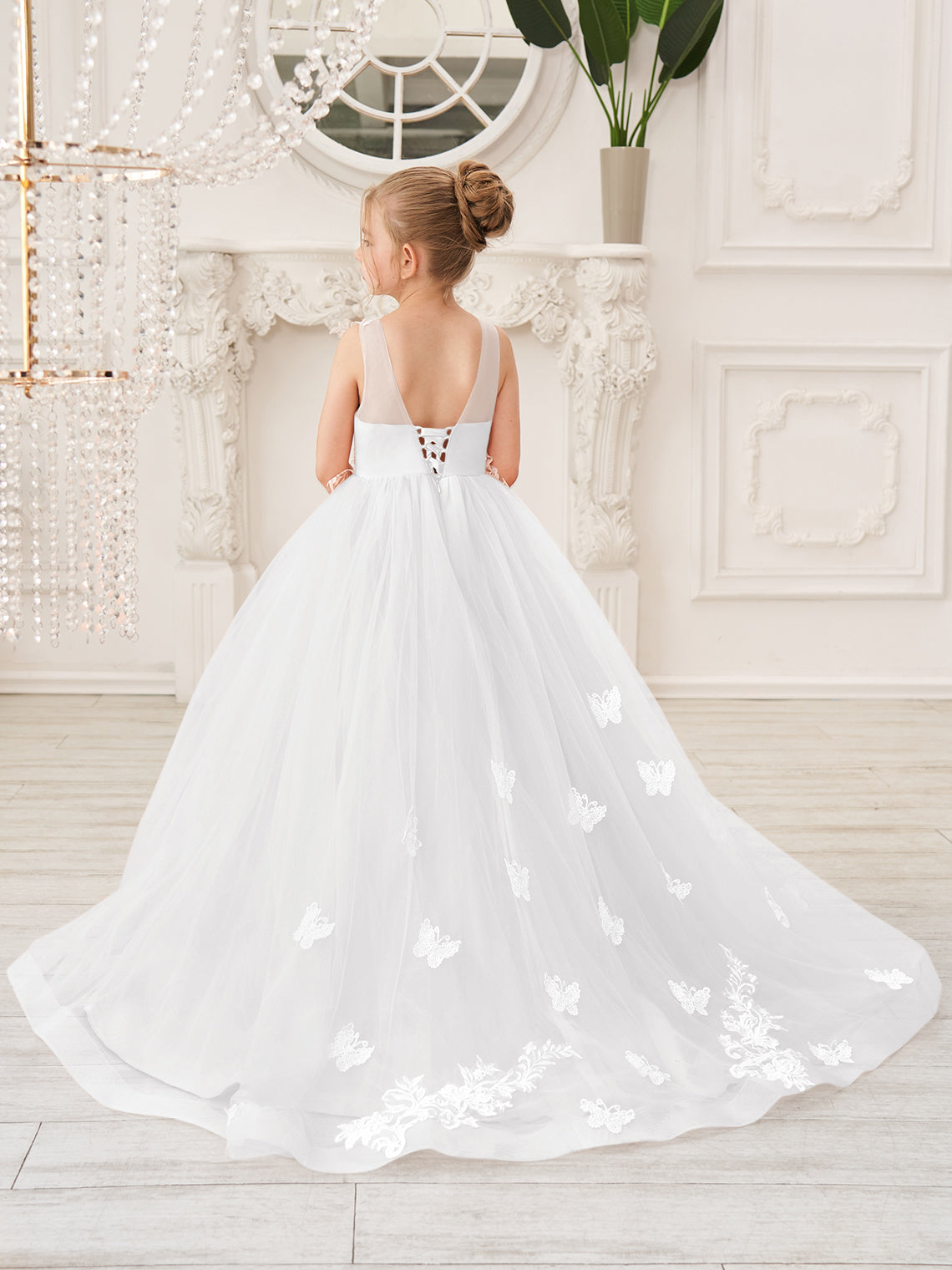 Elegante vestido de princesa sin mangas de tul para niña de las flores, corte en A 
