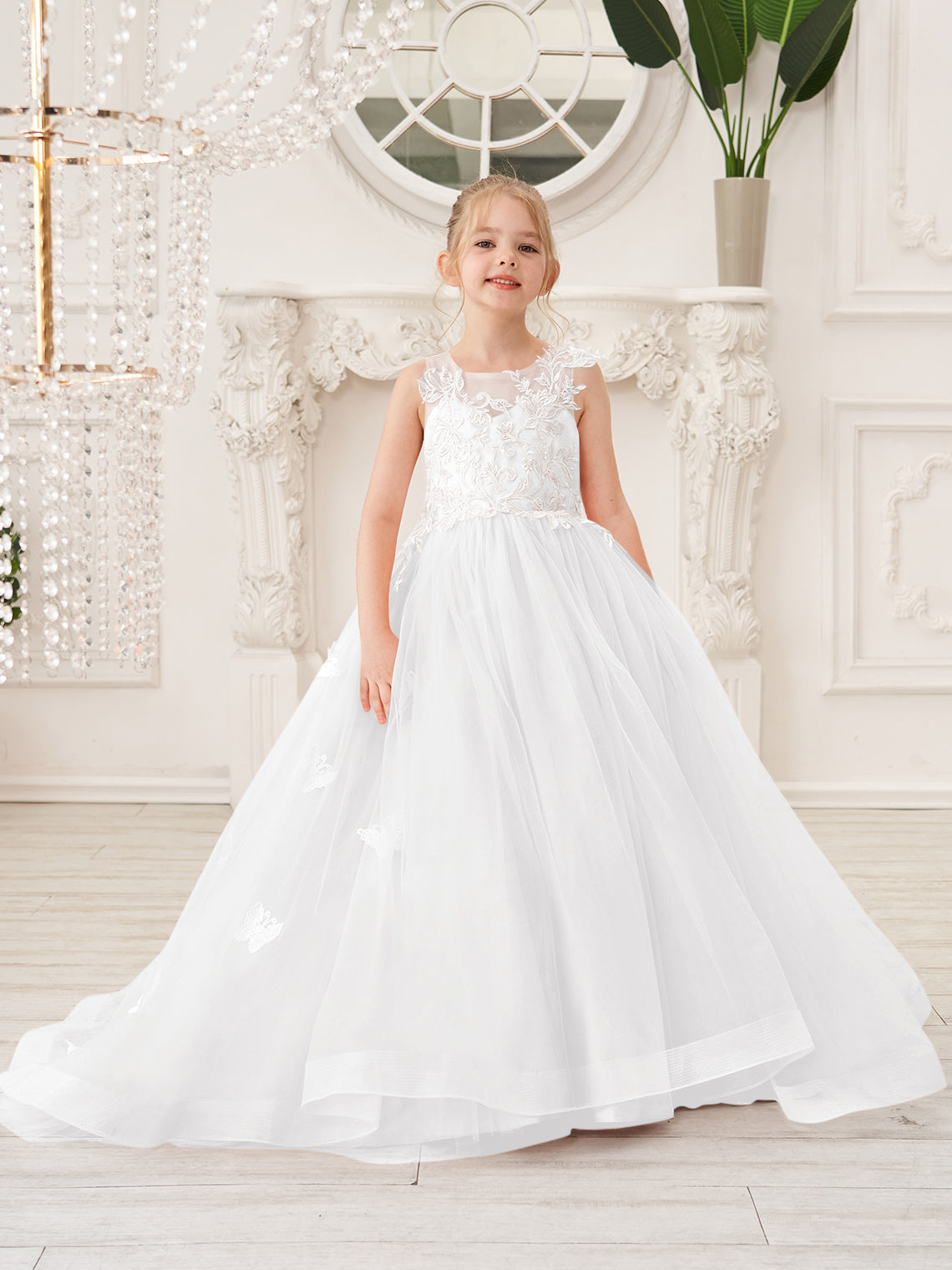 Elegante vestido de princesa sin mangas de tul para niña de las flores, corte en A 