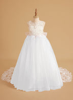 Vestido de niña de las flores sin mangas de encaje y tul con cuentas, estilo princesa de ensueño 