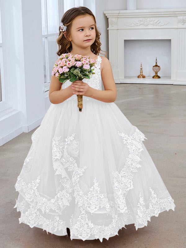 Vestido de princesa sin mangas de tul con apliques de encaje y cola corta para niñas 