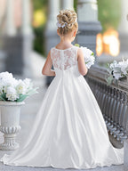 Vestido de niña de las flores para la Primera Comunión, corte en A, encaje y satén, hasta el suelo 