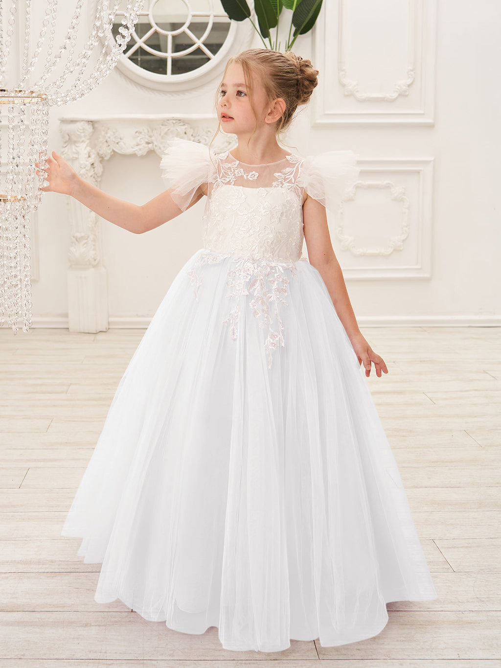 Vestido de niña de las flores con cola de tul y encaje desmontable 
