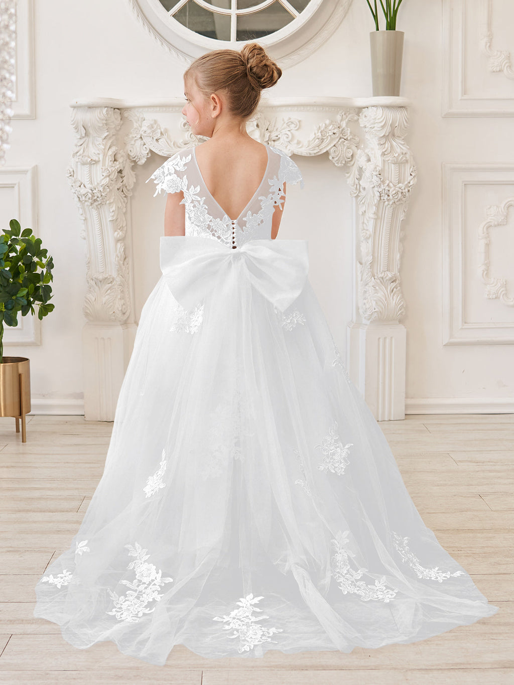Vestido de niña de las flores para la Primera Comunión, color marfil, con cola desmontable estilo princesa. 