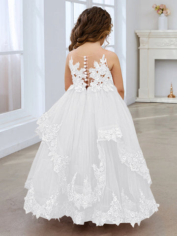 Vestido de princesa sin mangas de tul con apliques de encaje y cola corta para niñas 