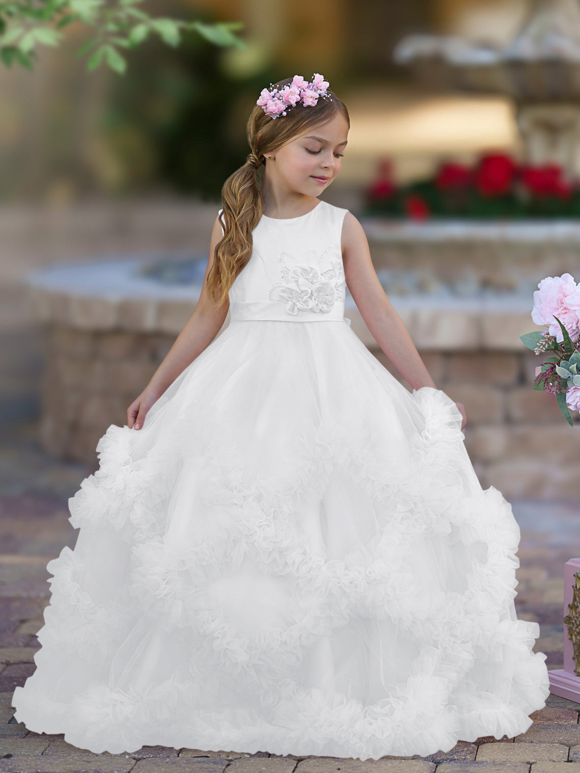 Vestido de niña de las flores de corte A, de satén y tul, hasta el suelo, con volantes en cascada. 