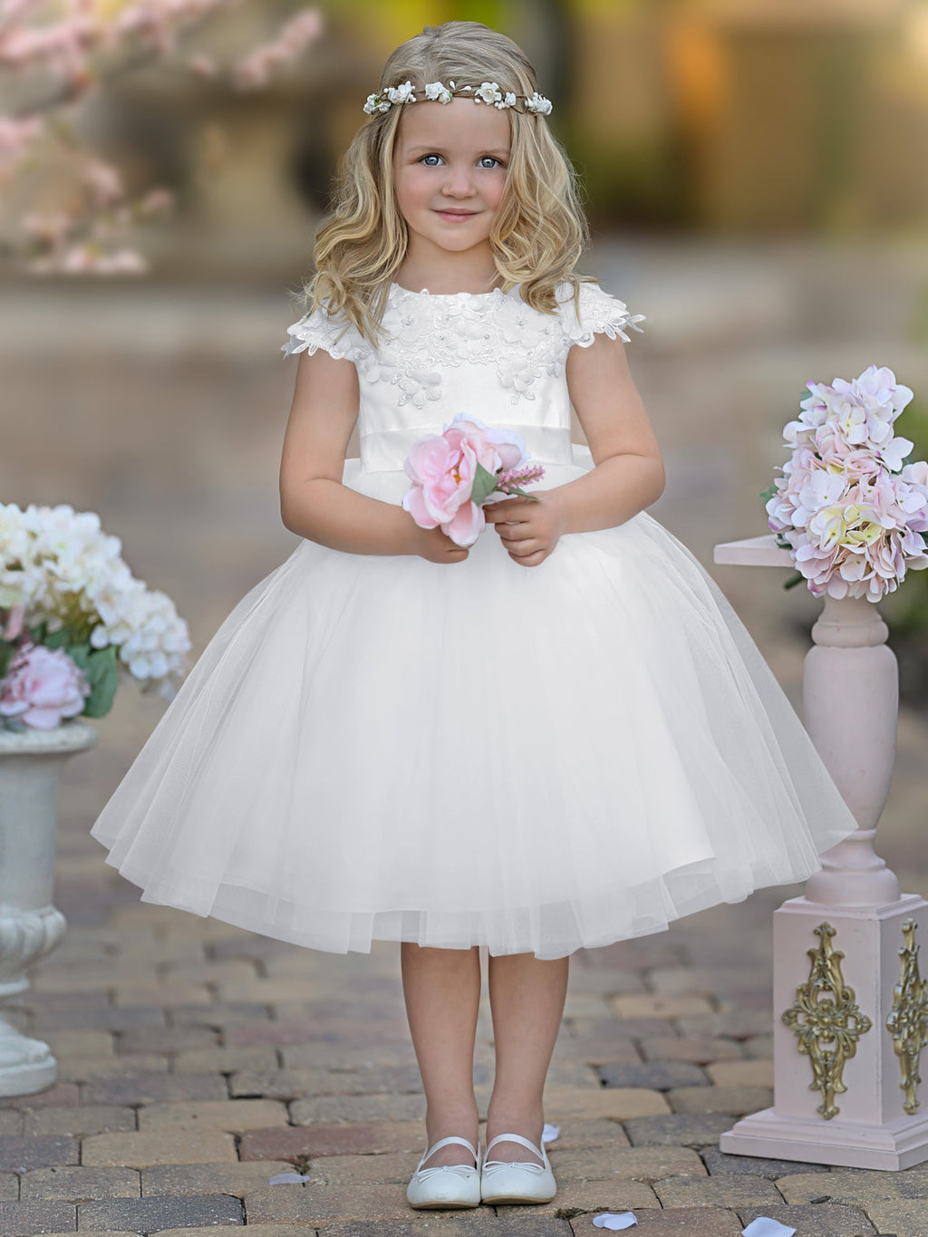 Vestido de niña de las flores de la Primera Comunión, color marfil, de tul satinado hasta la rodilla 