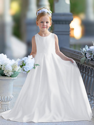 Vestido de niña de las flores para la Primera Comunión, corte en A, encaje y satén, hasta el suelo 