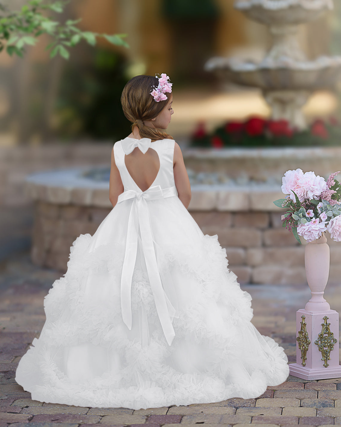 Vestido de niña de las flores de corte A, de satén y tul, hasta el suelo, con volantes en cascada. 