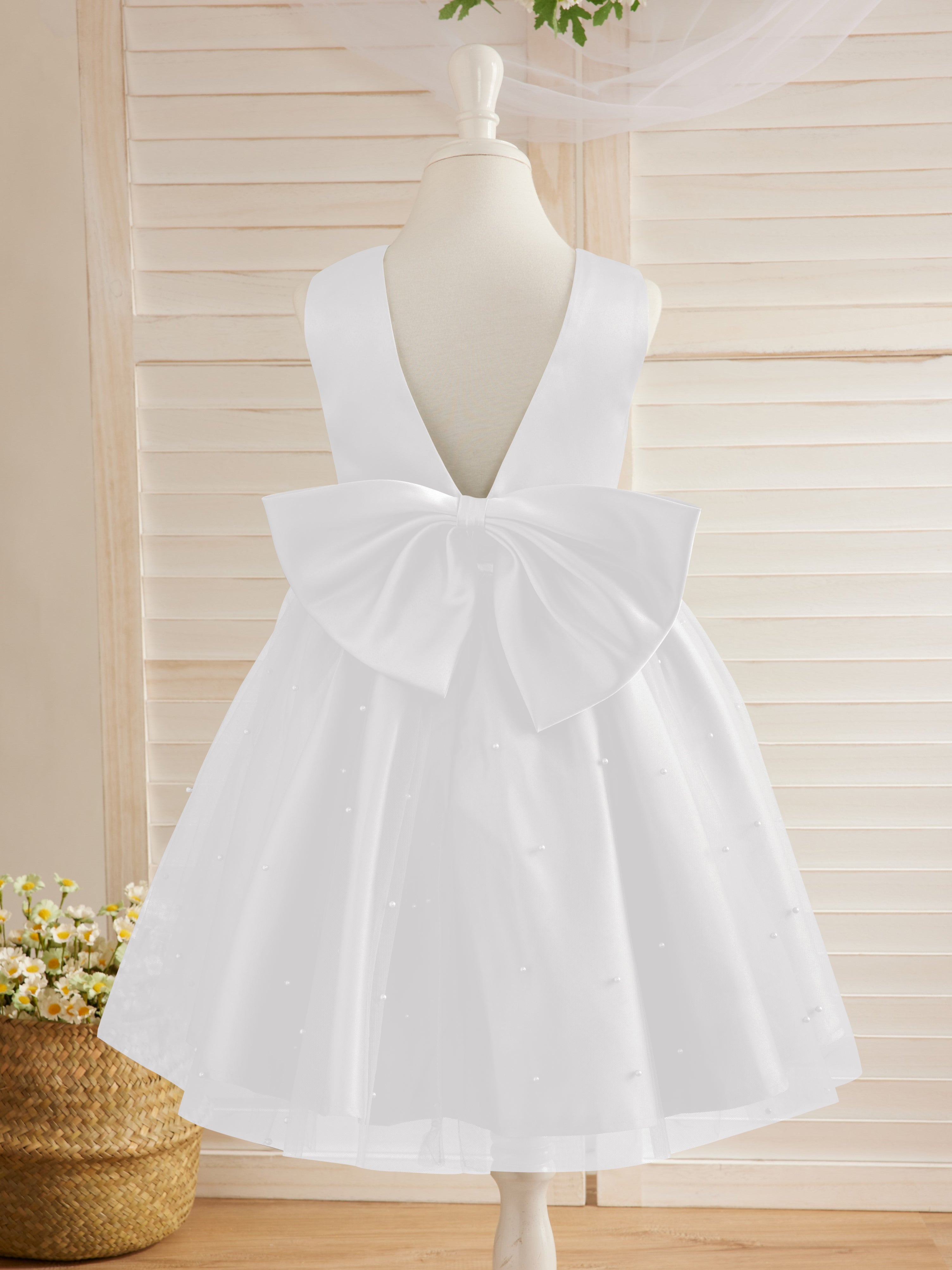 Vestido de princesa/vestido de princesa de satén y tul hasta la rodilla para niña de las flores 
