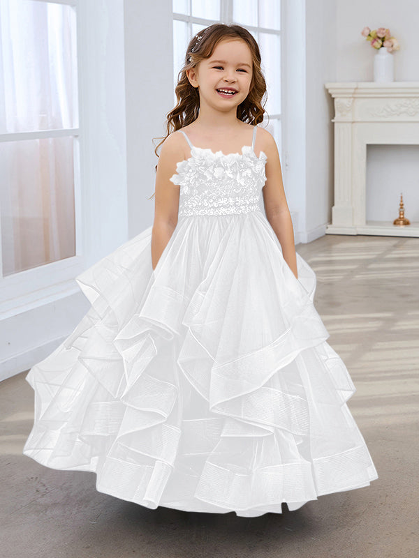 Vestido de niña de las flores de tul sin mangas, corte princesa, azul pizarra, corte en A, estilo princesa 
