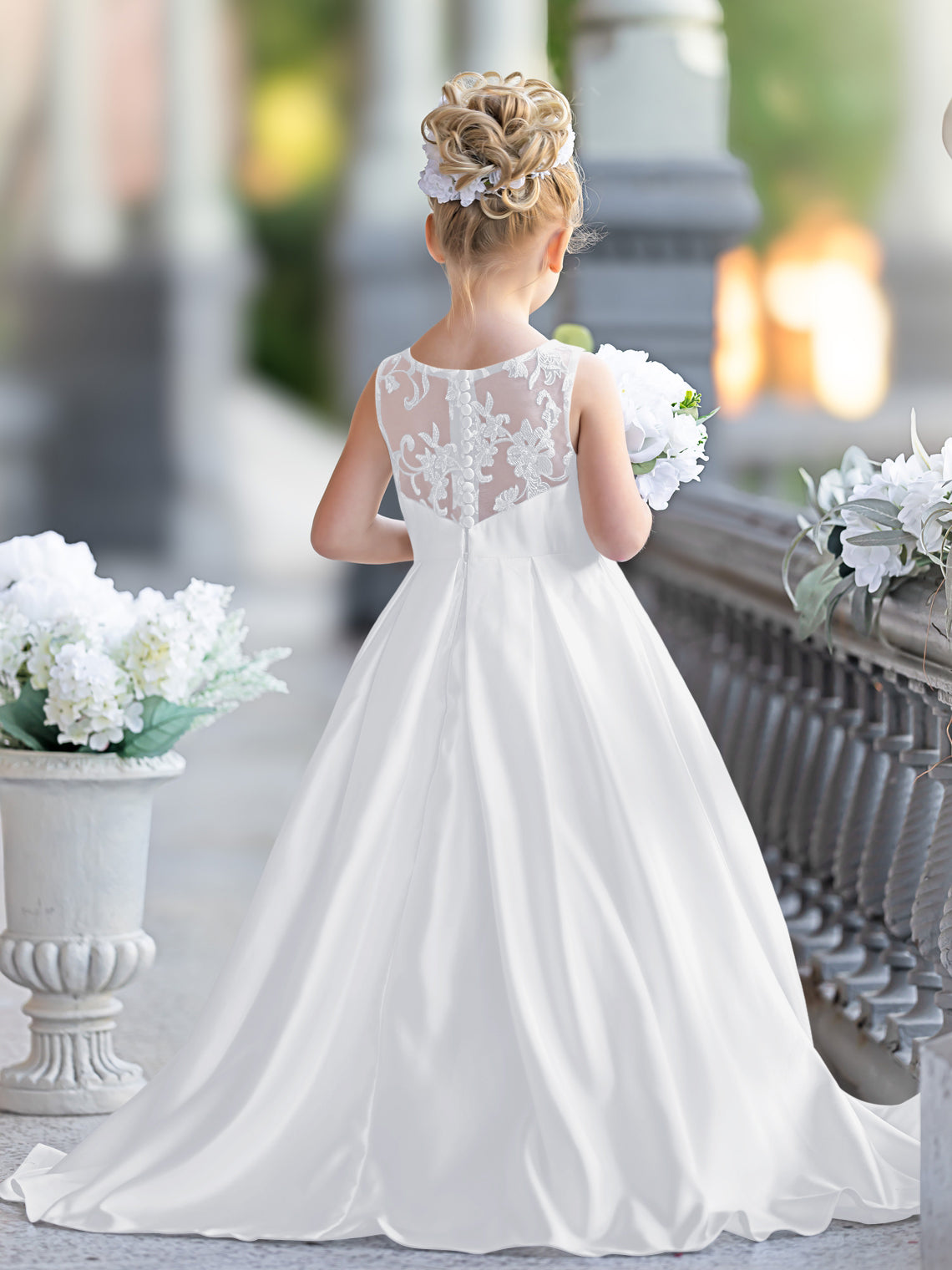 Vestido de niña de las flores para la Primera Comunión, corte en A, encaje y satén, hasta el suelo 