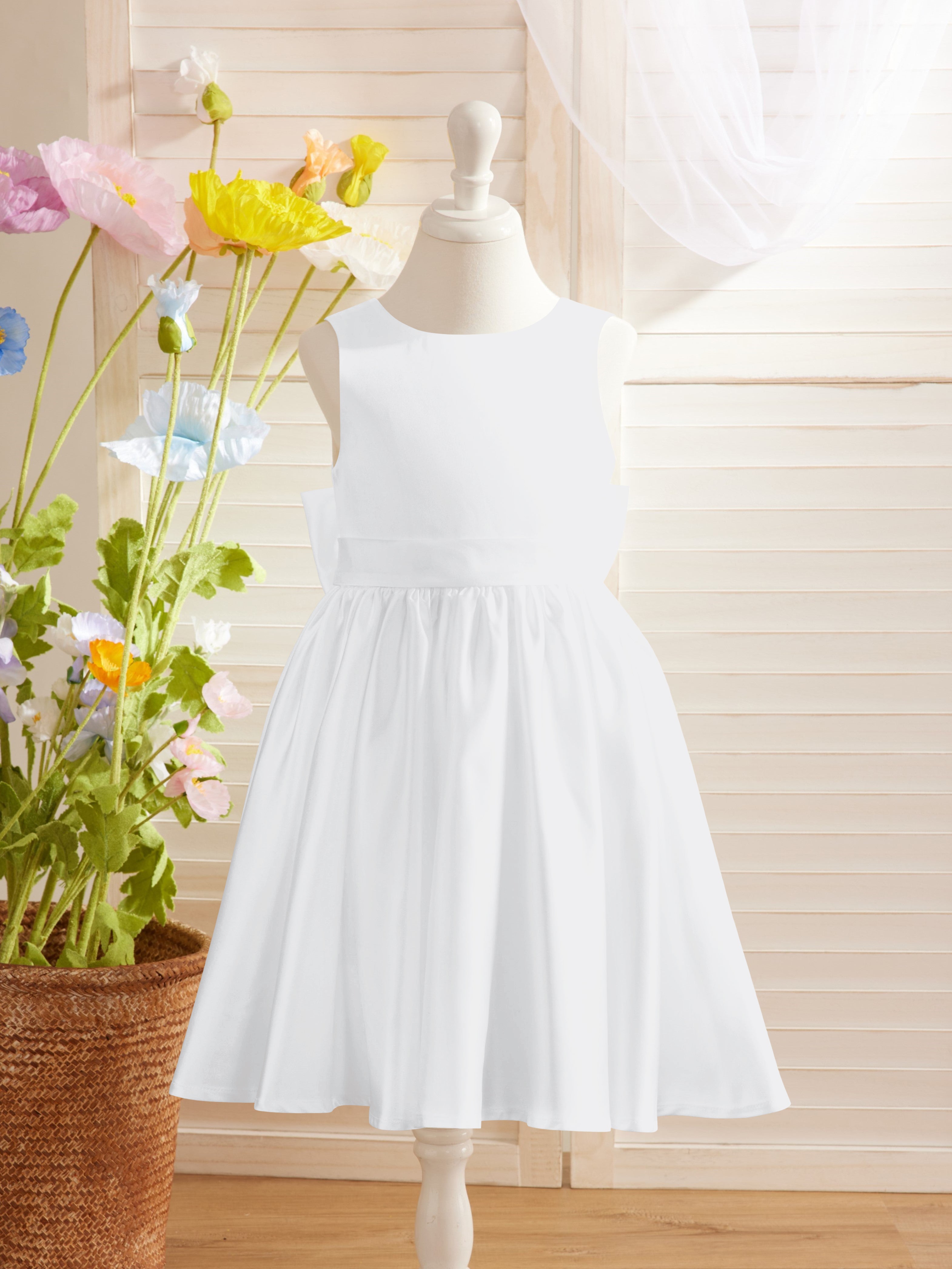 Elegante vestido de niña de las flores de satén con corte en A, espalda en V y lazo, hasta la rodilla 