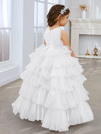 Vestido de princesa rosa perla sin mangas para niña de las flores con lazo de tul 