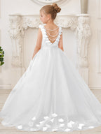 Elegante vestido blanco de tul para niña de las flores con cola corta 