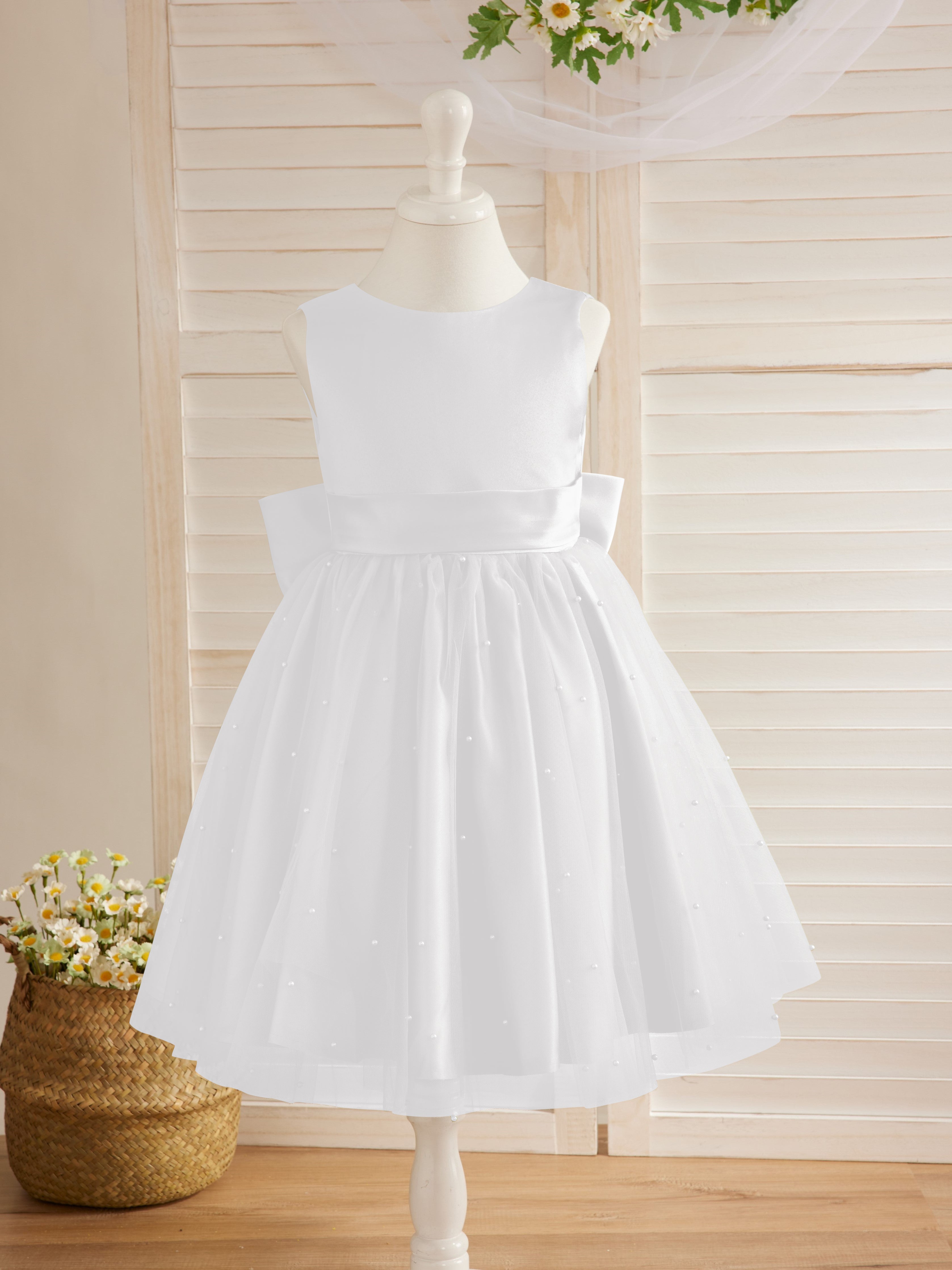 Vestido de princesa/vestido de princesa de satén y tul hasta la rodilla para niña de las flores 