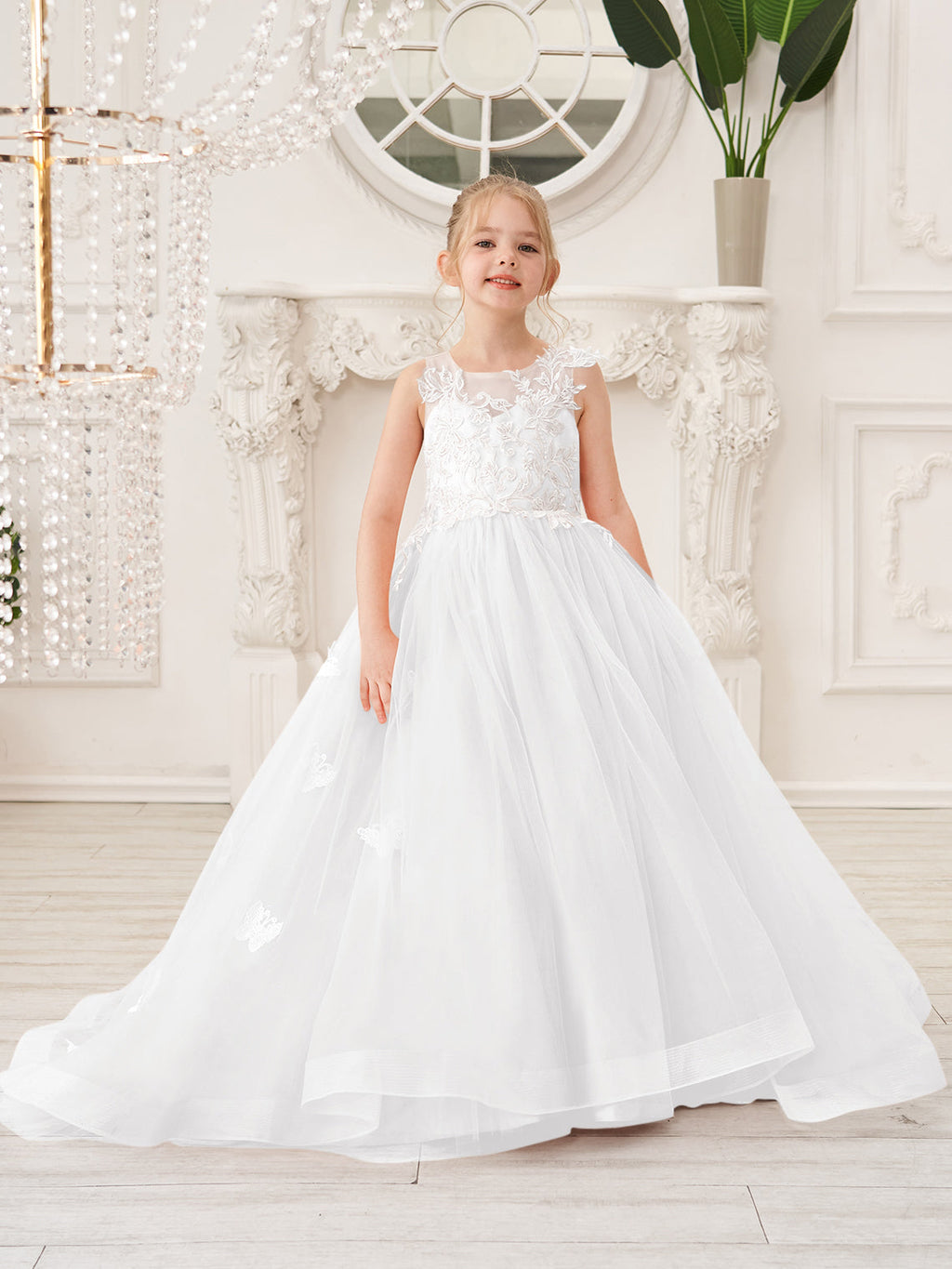 Elegante vestido de princesa sin mangas de tul para niña de las flores, corte en A 