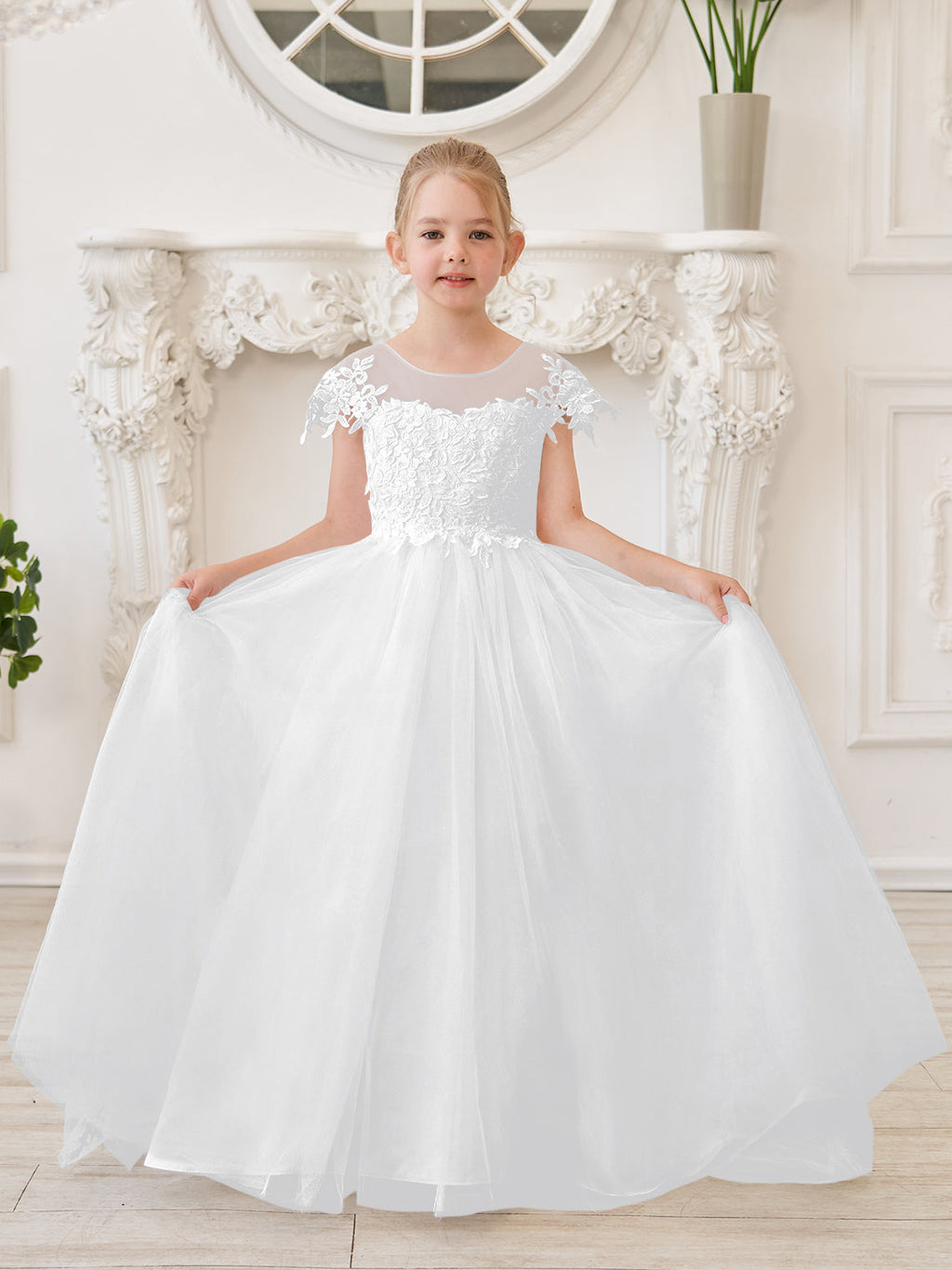Vestido de niña de las flores para la Primera Comunión, color marfil, con cola desmontable estilo princesa. 