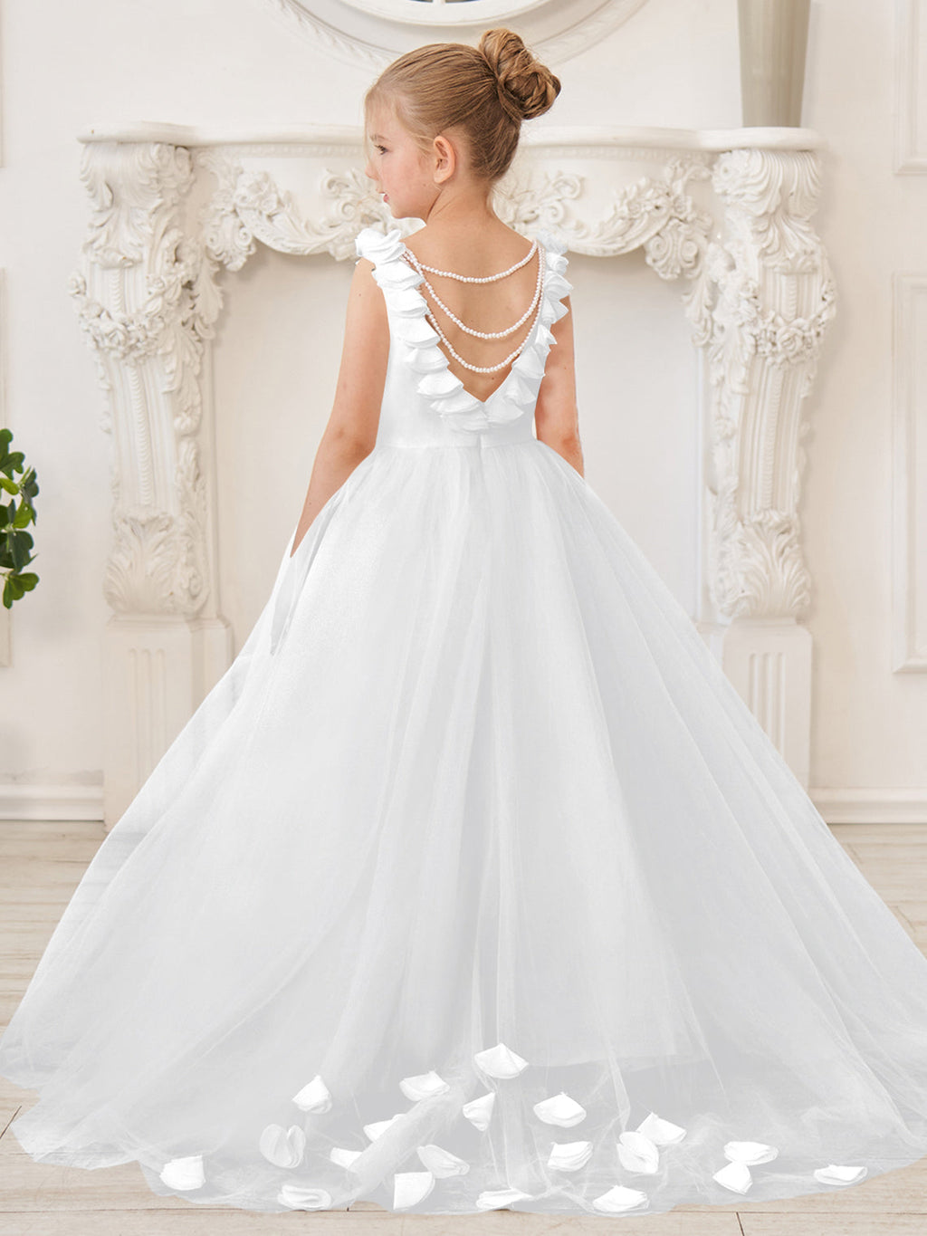 Elegante vestido blanco de tul para niña de las flores con cola corta 