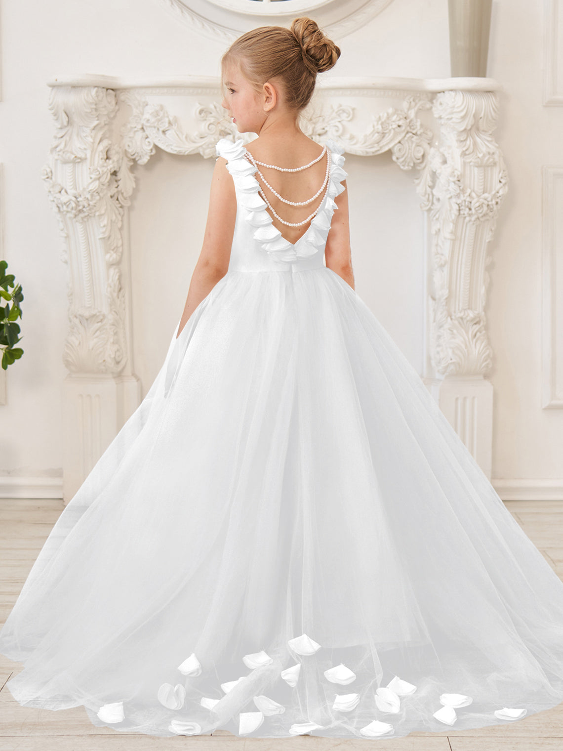 Elegante vestido blanco de tul para niña de las flores con cola corta 