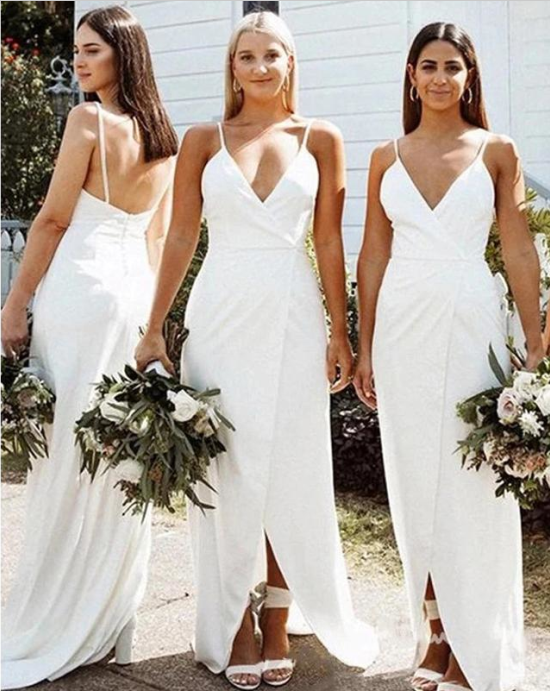 Vestidos de dama de honor blancos sencillos con cuello en V y sin mangas, estilo bohemio, para invitada de boda