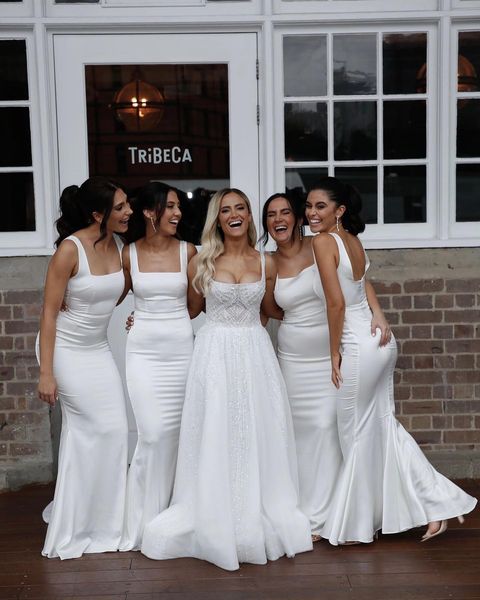 Vestidos de dama de honor de satén blanco, corte sirena, cuadrados, hasta el suelo, para invitada de boda