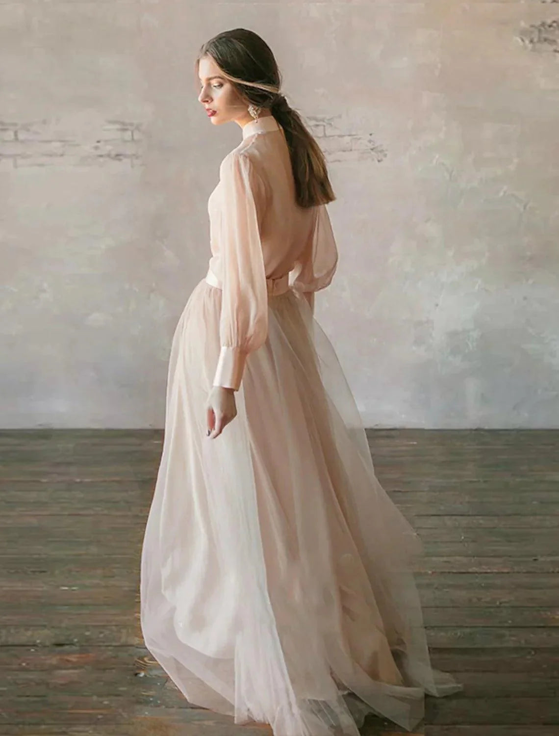 Baoleely Two Piece Empire Minimalist Wedding Guest Formal Evening Birthday Dress Stand Collar Long Sleeve Floor Length Chiffon with Tier