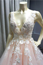 Wide Straps V-Neck Tulle Pink Prom Dress Applique Long