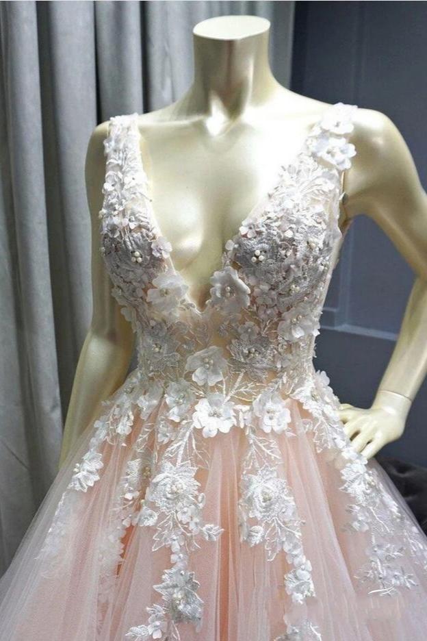 Wide Straps V-Neck Tulle Pink Prom Dress Applique Long